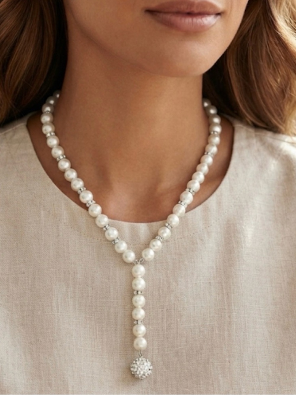 Elegant White Pearl Y-Style Necklace with Crystal Accent